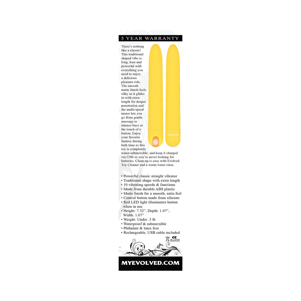 Evolved Sunny Sensations Rechargeable Silicone Sli mline Vibrator Yellow