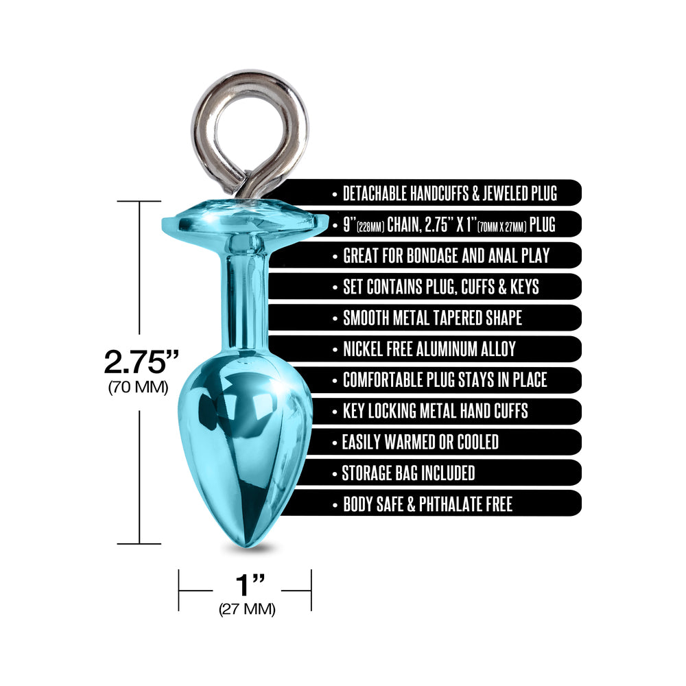 Nixie Metal Butt Plug & Furry Handcuff Set Medium Blue Metallic