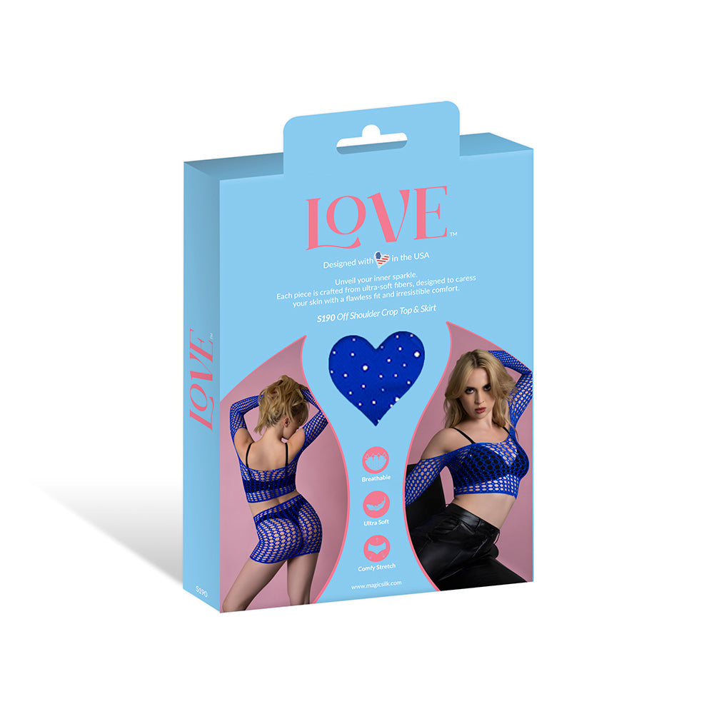 Magic Silk Seamless Off Shoulder Crop Top & Skirt Blue O/S