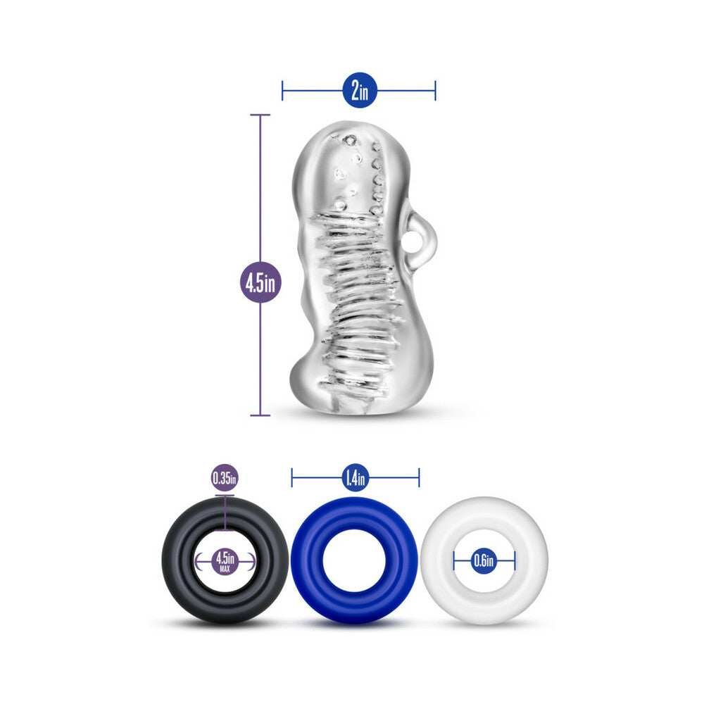 Quickie Kit Jerk Off Stroker & 3-Piece Cockring Set Clear