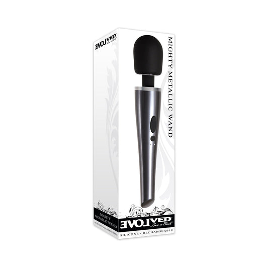 Evolved Mighty Metallic Wand Rechargeable Silicone Wand Vibrator Chrome/Black - product photo