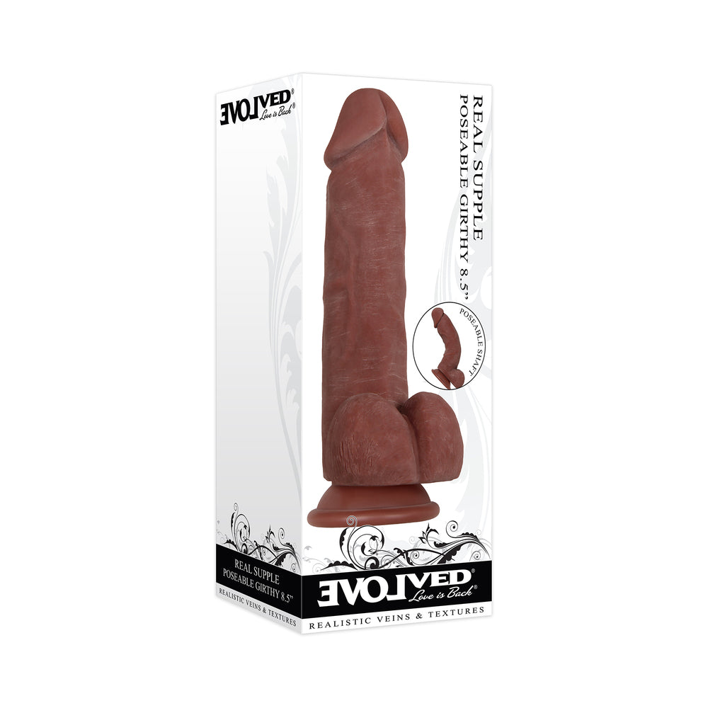 Evolved Real Supple Girthy Poseable 8.5 in. Realistic Dildo With Balls Brown - product photo