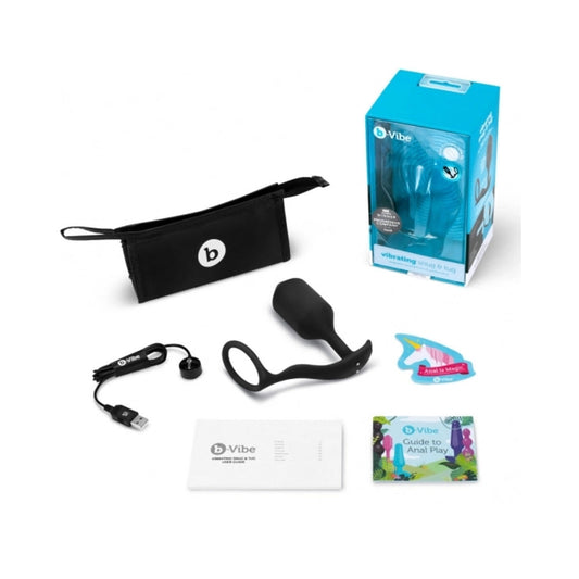 b-Vibe Vibrating Snug & Tug Rechargeable Weighted Silicone Anal Plug with Cockring XL Black - product photo