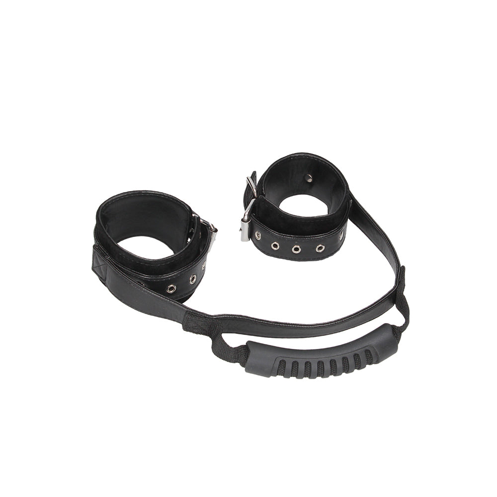 Ouch! Black & White Adjustable Bonded Leather Wrist Cuffs With Handle Black