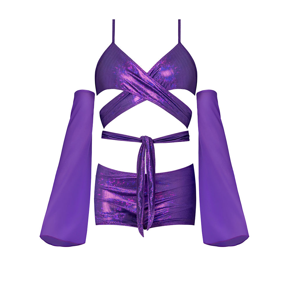 Magic Silk Glimmer Wrap Bralette, Booty Shorts & Sleeve Set Purple Disco Queen Size