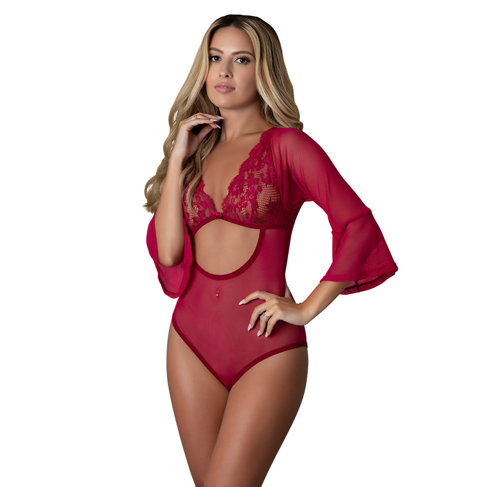 Magic Silk Black Cherry 3/4 Sleeve Playsuit Cherry S/M