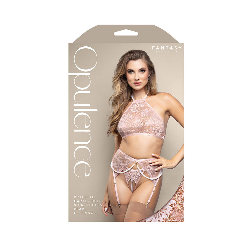 Fantasy Lingerie Opulence Pearl Halter Bralette, Garter Belt & Crotchless Pearl G-String Light Pink M/L