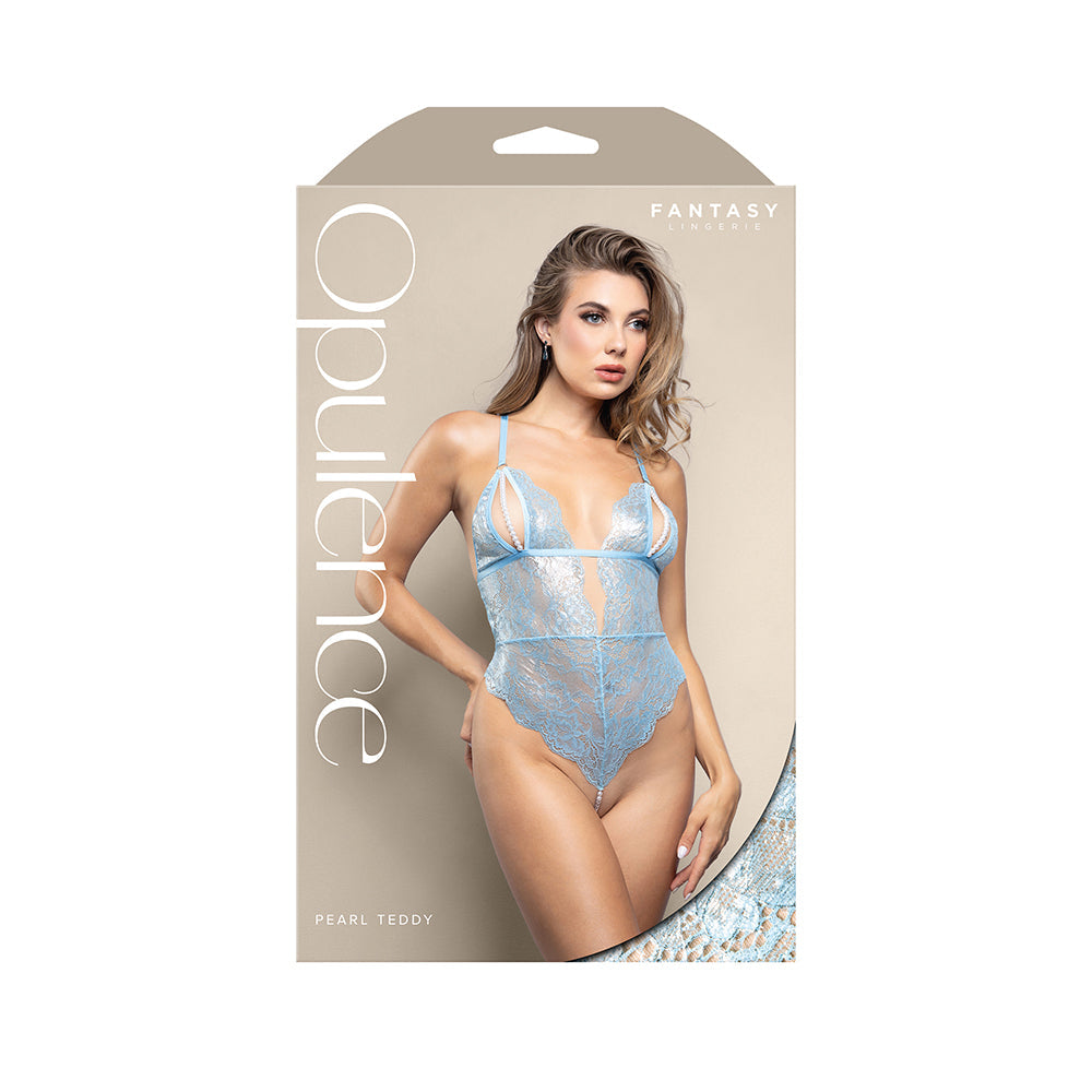 Fantasy Lingerie Opulence Split Pearl Cup Open-Back Teddy with Pearl String Crotch Light Blue S/M