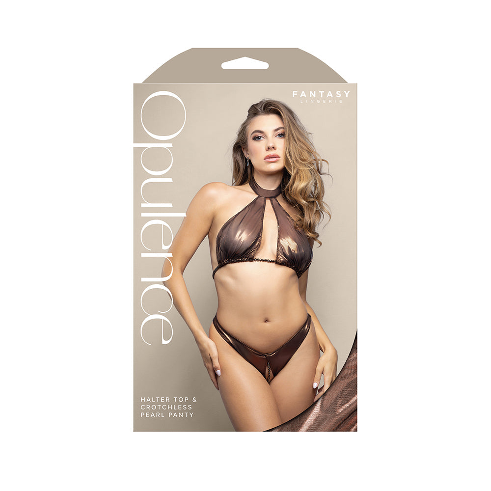 Fantasy Lingerie Opulence Pearl Underbust Halter Top & Adjustable Pearl String Open Panty Chocolate L/XL