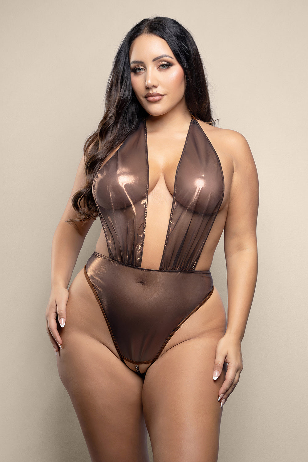 Fantasy Lingerie Opulence Crotchless Pearl Plunge Halter Teddy with Adjustable Pearl G-String Chocolate Queen Size