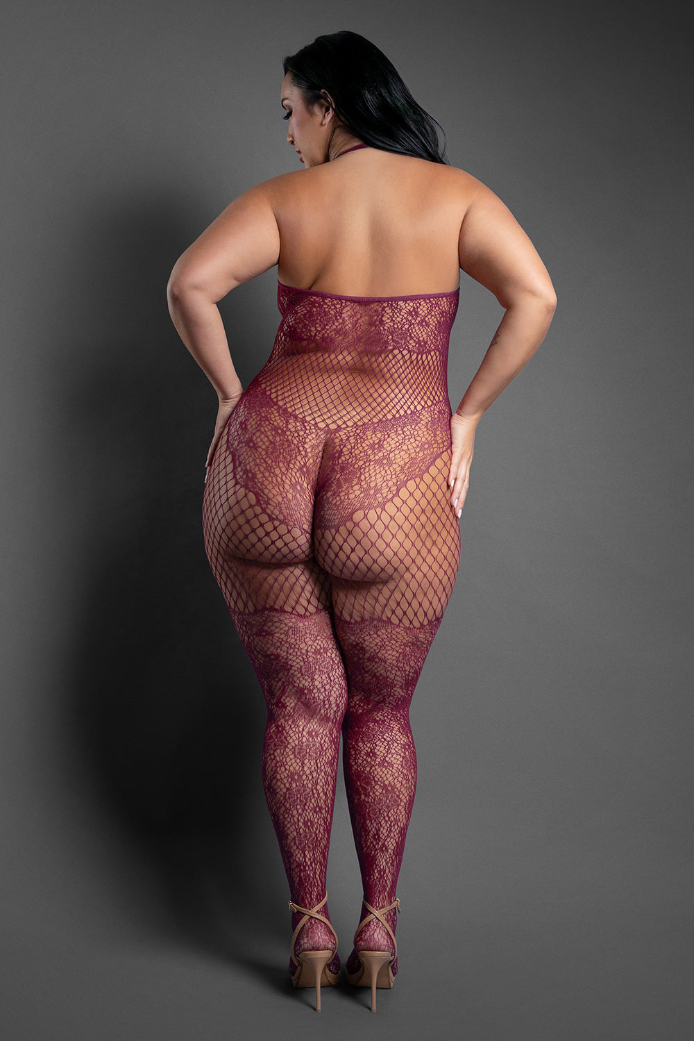 Fantasy Lingerie Sheer Our Moment Crotchless Halter Bodystocking Plum Queen Size