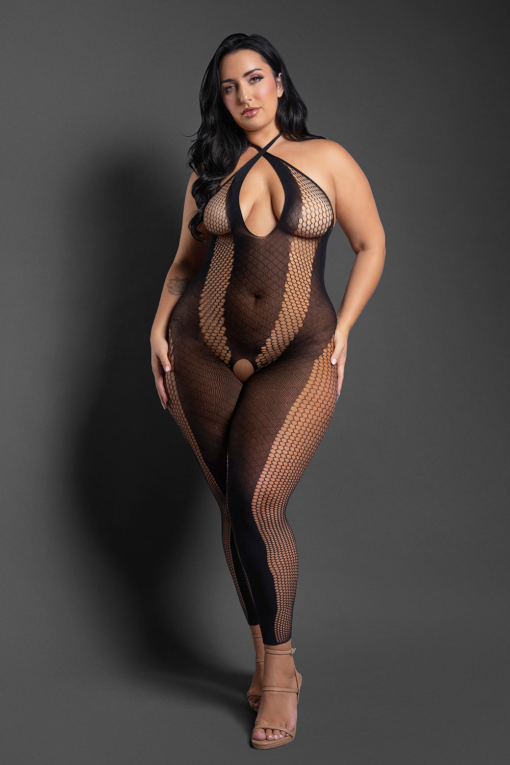Fantasy Lingerie Sheer Make Your Move Footless Open-Crotch Halter Bodystocking Black Queen Size