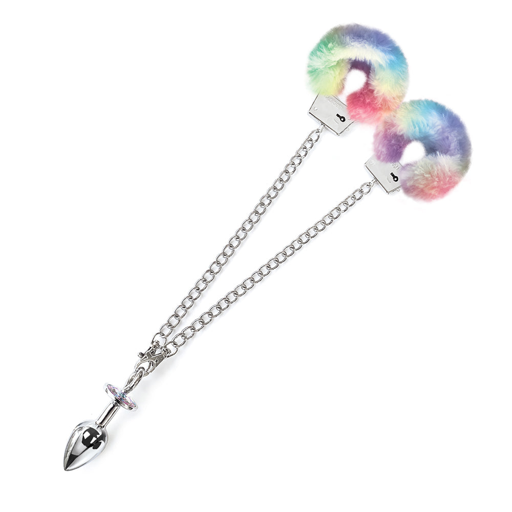 NIXIE Metal Butt Plug & Furry Handcuff Set Medium Unicorn
