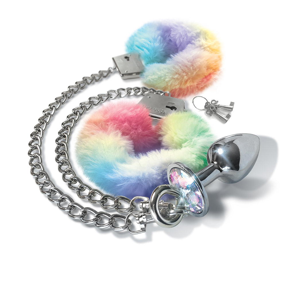 NIXIE Metal Butt Plug & Furry Handcuff Set Medium Unicorn