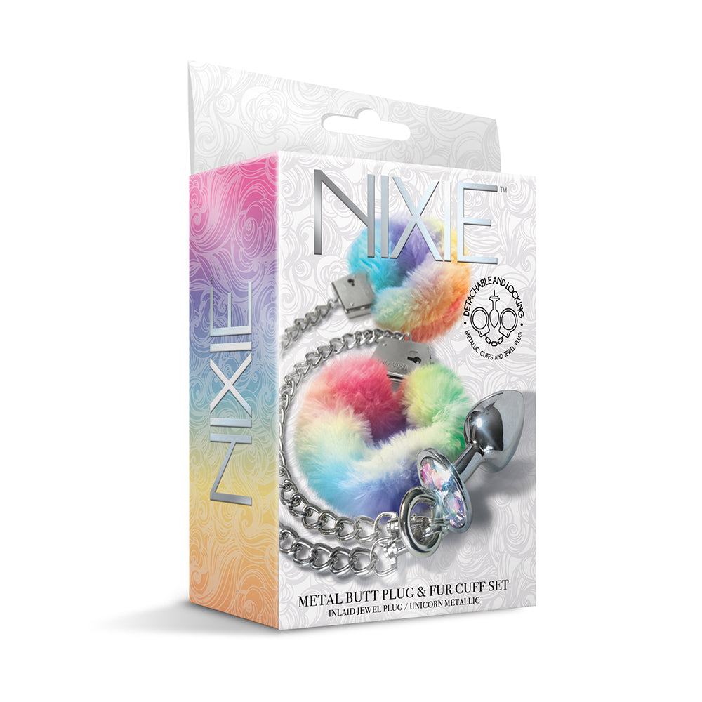 NIXIE Metal Butt Plug & Furry Handcuff Set Medium Unicorn