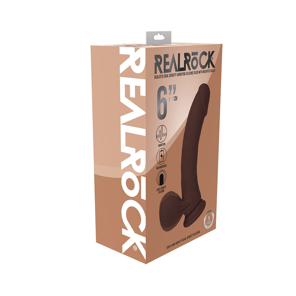 Realrock Realistic Dual Density Vibrating Silicone Dildo with Weighted Balls 6 in. Brown