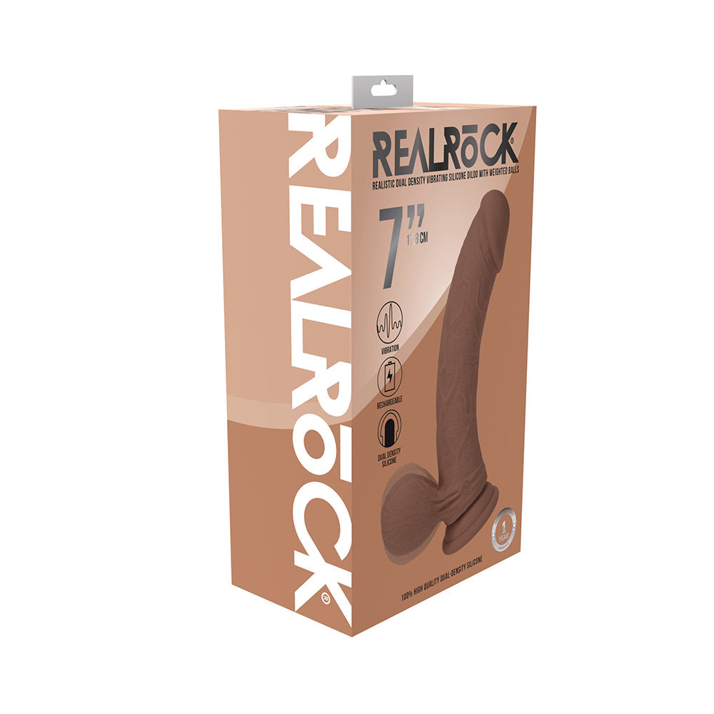 Realrock Realistic Dual Density Vibrating Silicone Dildo with Weighted Balls 7 in. Tan