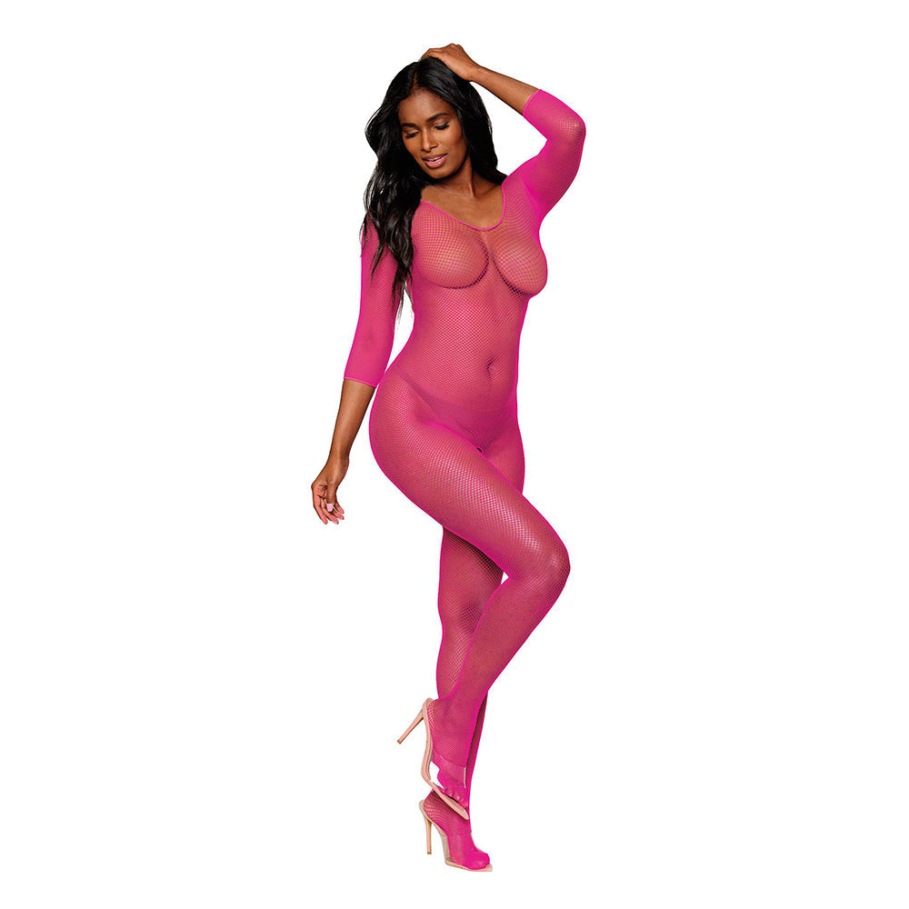 Dreamgirl Three-Quarter Sleeve Fishnet Bodystocking Open-Crotch Neon Pink O/S