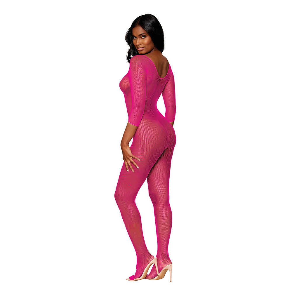 Dreamgirl Three-Quarter Sleeve Fishnet Bodystocking Open-Crotch Neon Pink O/S