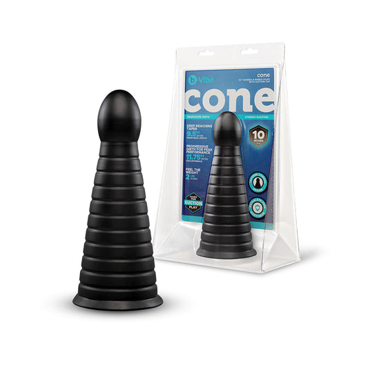 b-Vibe Cone 10 in. Tapered & Ribbed Dildo with Suction Cup - product photo