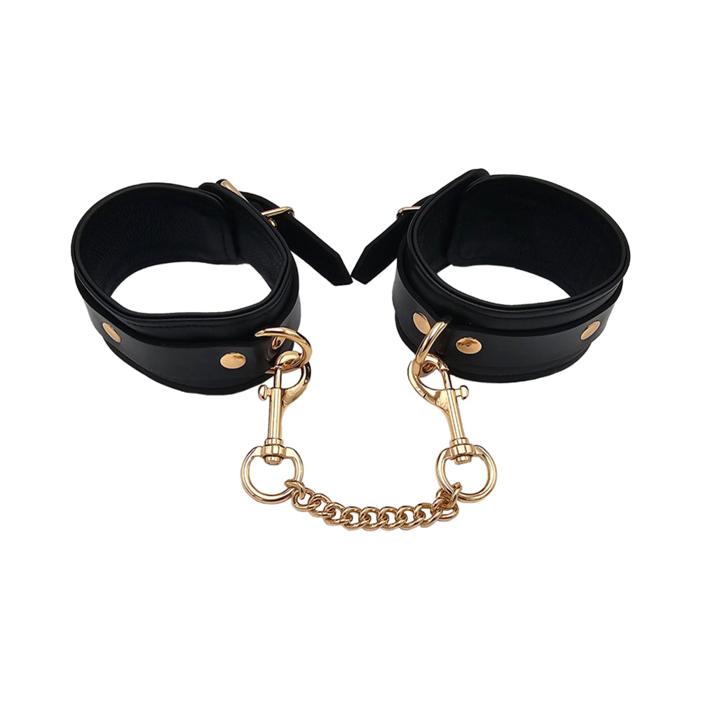 Rouge Leather Plain Ankle Cuffs Black with Gold Accessories