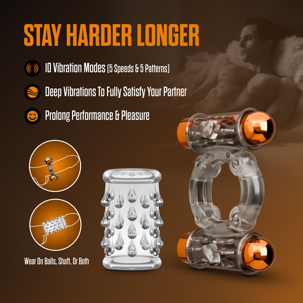 Stay Hard Vibrating Cock Ring Set with Sleeve and 2 Bullets