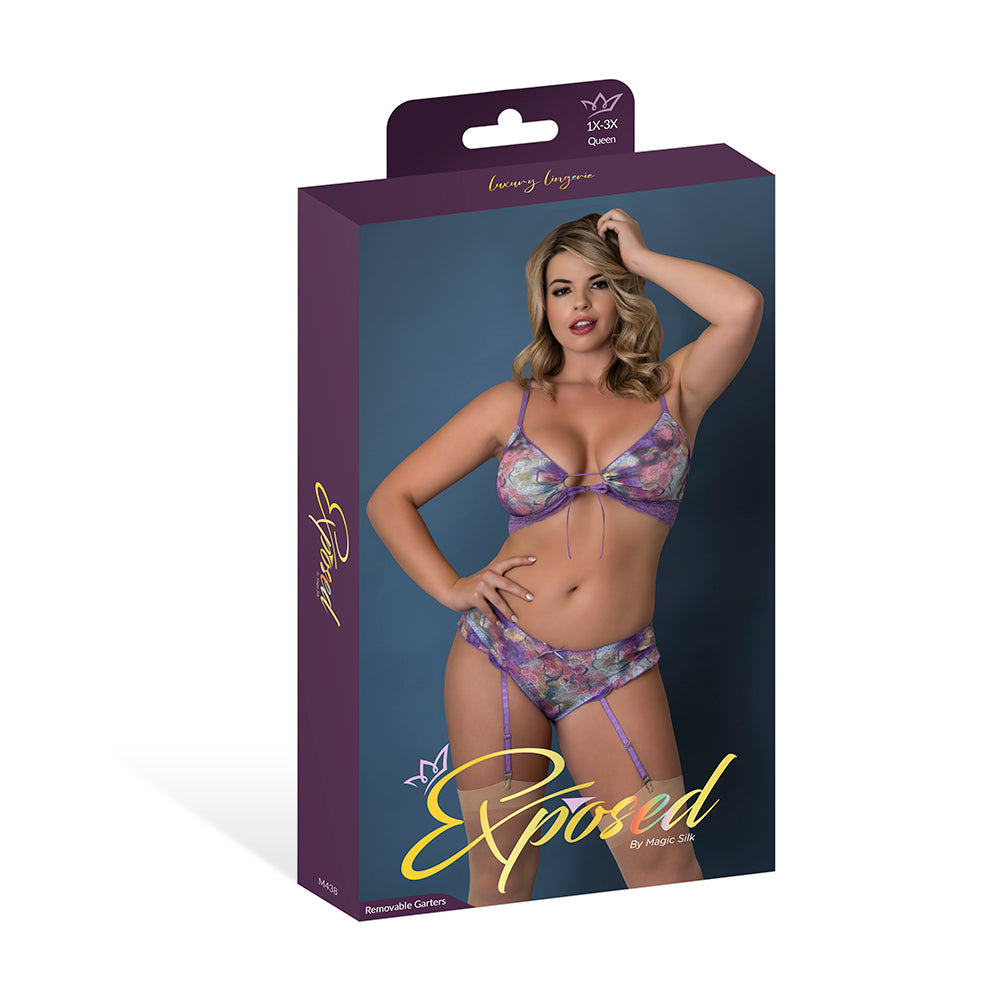 Magic Silk Wisteria Mist Bralette & Panty with Removable Garters Floral Queen Size