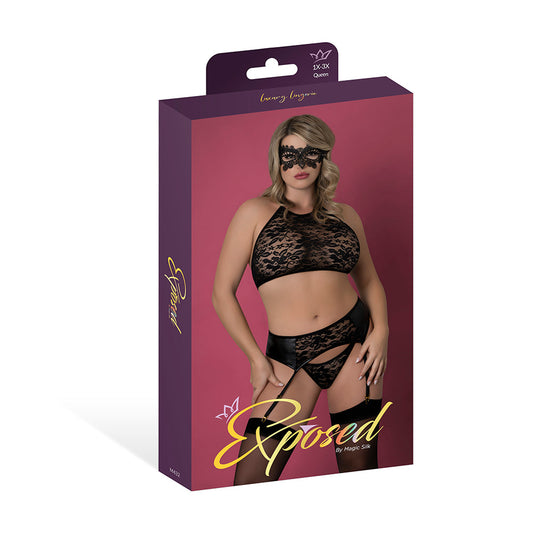 Magic Silk Sinful Halter Bra, Garter, Panty & Mask Set Black Queen Size