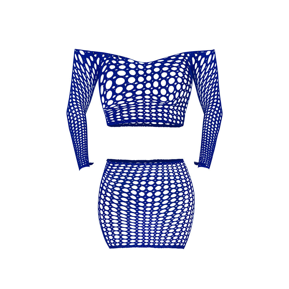 Magic Silk Seamless Off Shoulder Crop Top & Skirt Blue O/S
