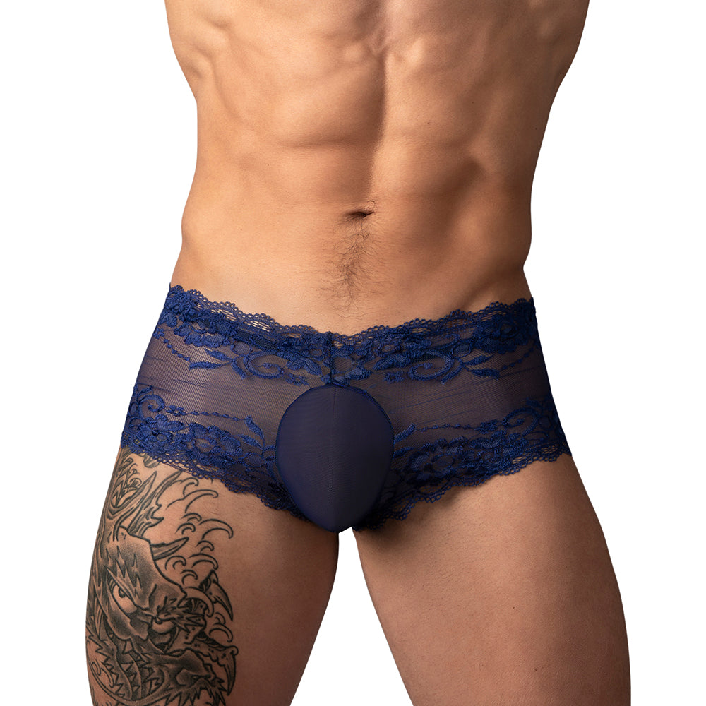 Male Power Sassy Lace Mini Short Sheer Pouch Navy XL