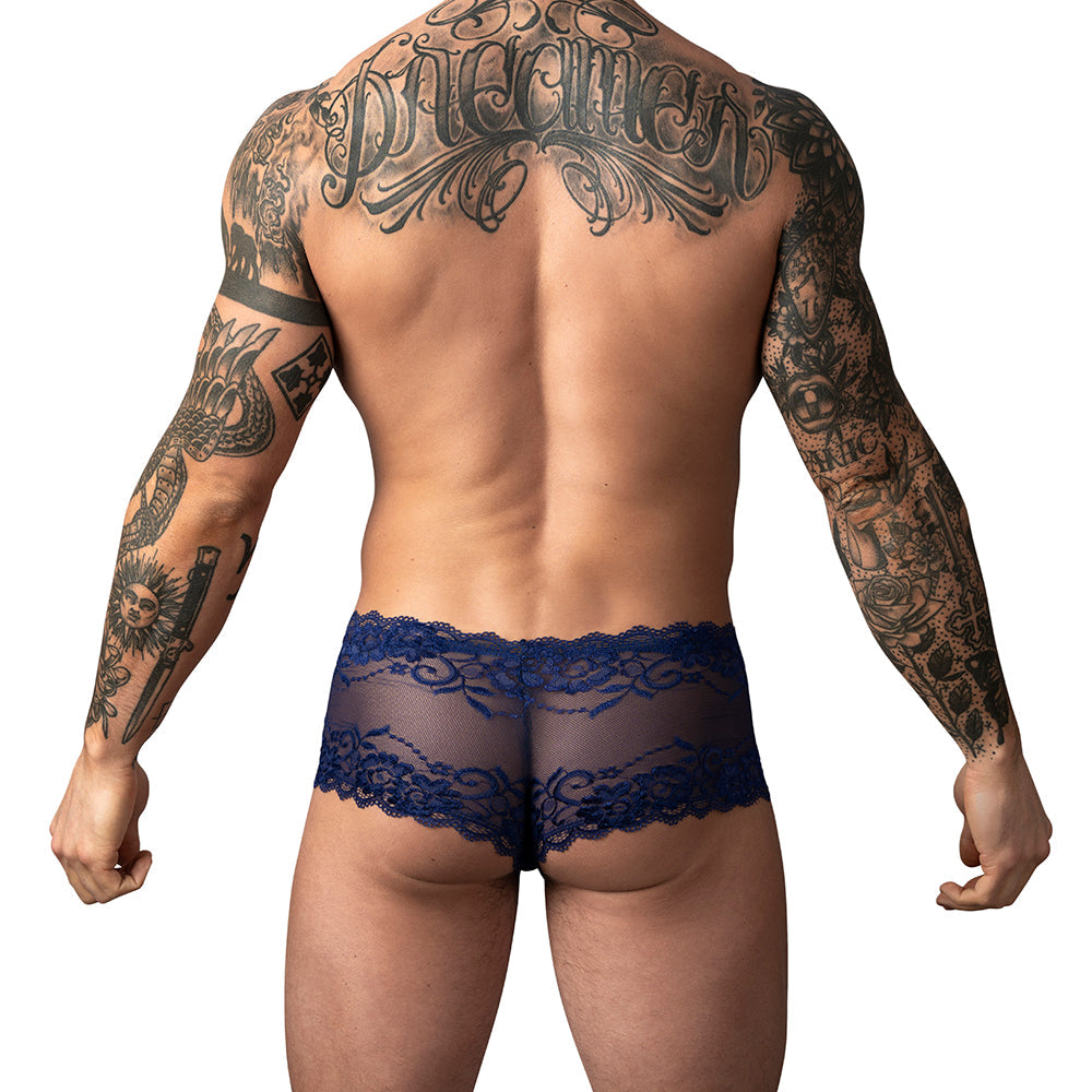 Male Power Sassy Lace Mini Short Sheer Pouch Navy XL