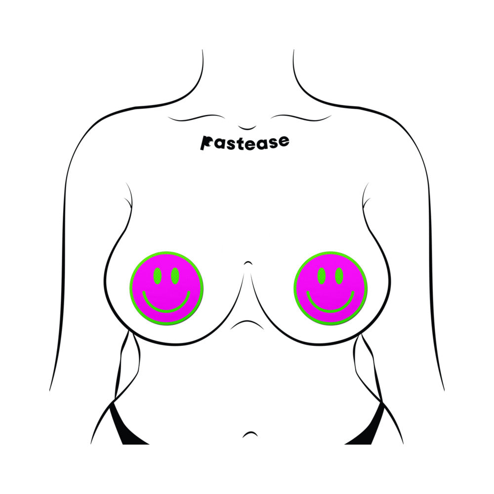 Pastease Neon Green Glow-in-the-Dark Pink Smiley Face Breast Pasties