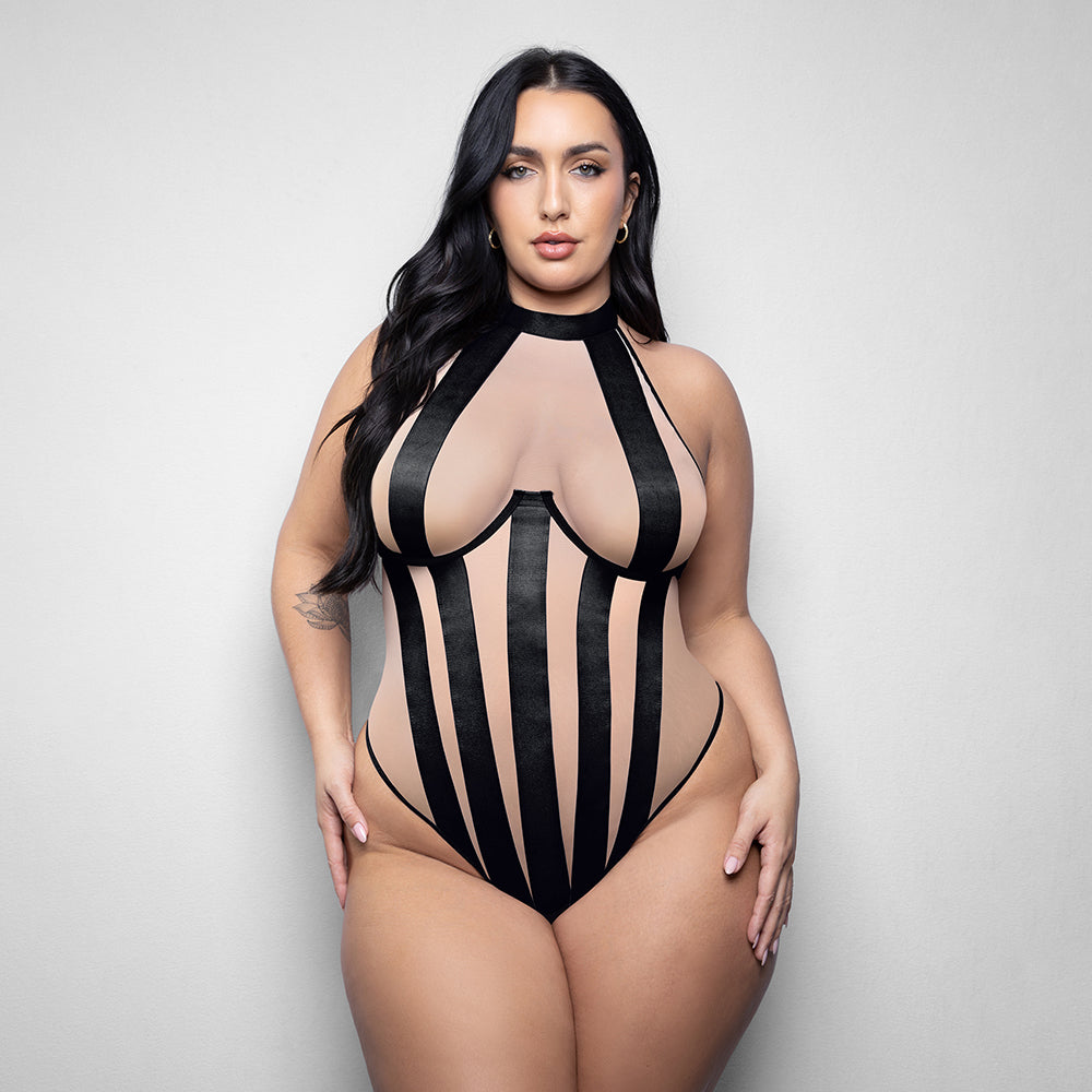 Fantasy Lingerie Elusive Verena High Neck Teddy with Stripe Detail XL/2XL