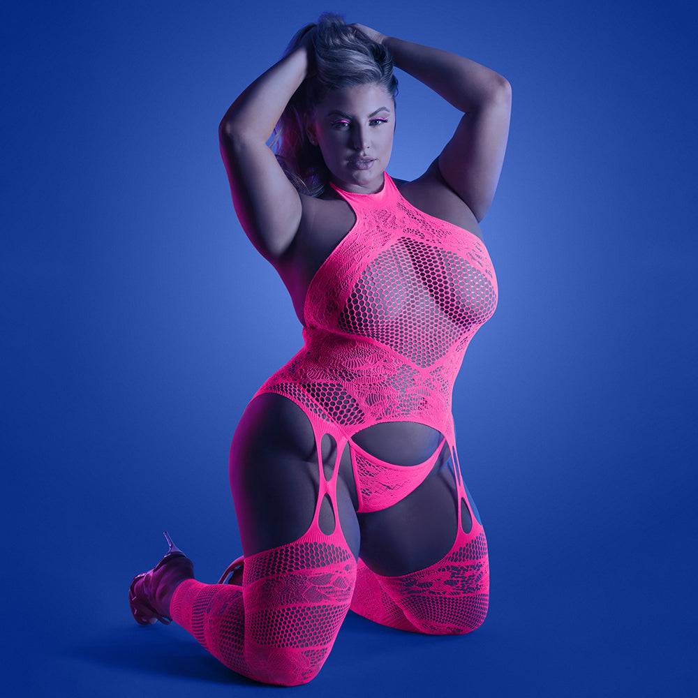 Fantasy Lingerie Glow Captivating High Neck Halter Bodystocking & G-String Panty Queen Size