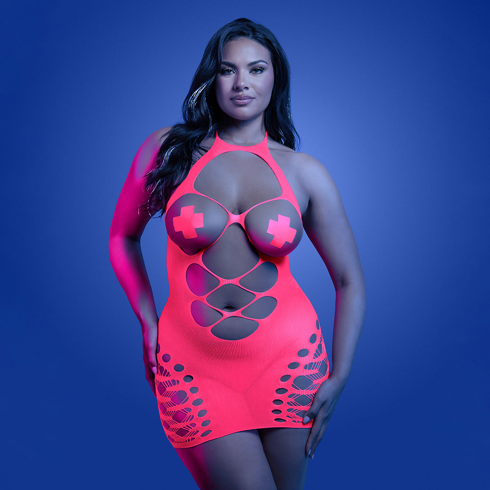 Fantasy Lingerie Glow Aphrodisiac UV Open Bodice Halter Dress & Pasties Queen Size