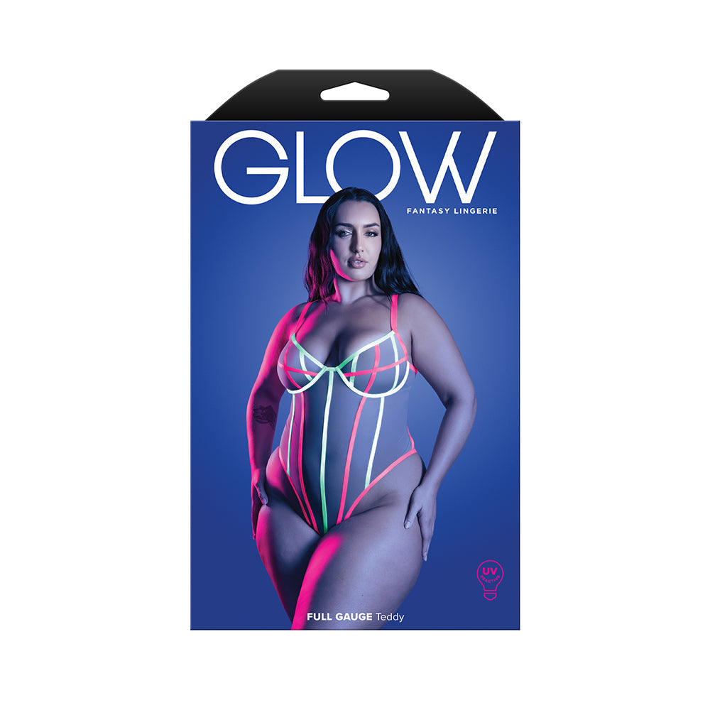 Fantasy Lingerie Glow Full Gauge Teddy with UV Elastic Binding Detail Queen Size