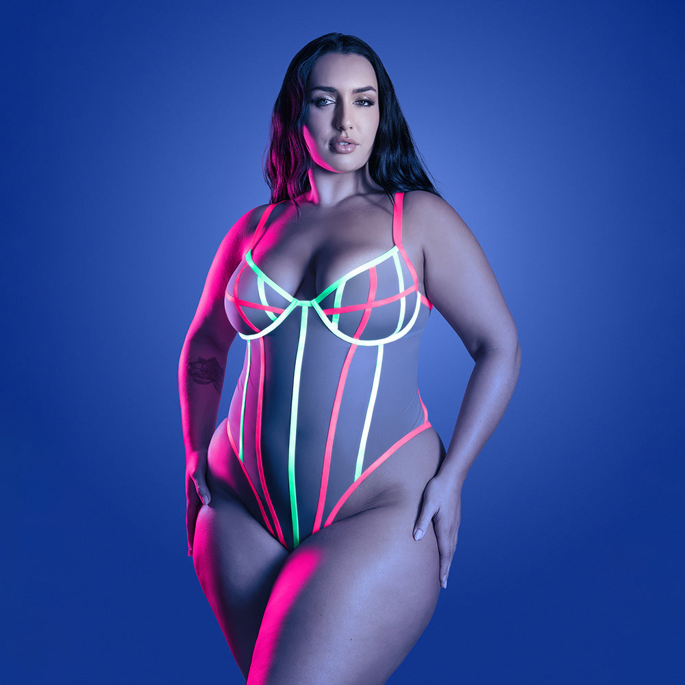 Fantasy Lingerie Glow Full Gauge Teddy with UV Elastic Binding Detail Queen Size