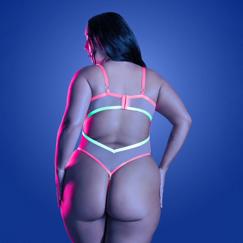 Fantasy Lingerie Glow Full Gauge Teddy with UV Elastic Binding Detail Queen Size