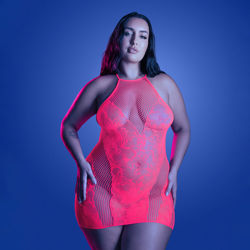 Fantasy Lingerie Glow Back It Up Halter Dress in Floral Knit and Fishnet Queen Size
