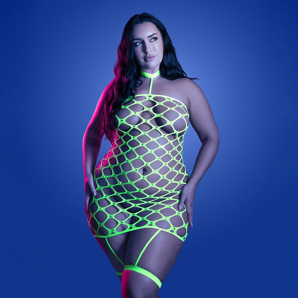 Fantasy Lingerie Glow Warning Sign Gartered Dress Rhinestone Fence Net Queen Size