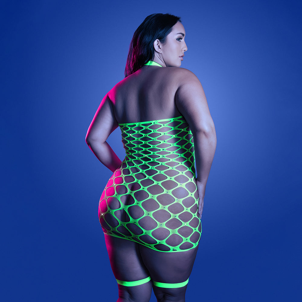 Fantasy Lingerie Glow Warning Sign Gartered Dress Rhinestone Fence Net Queen Size