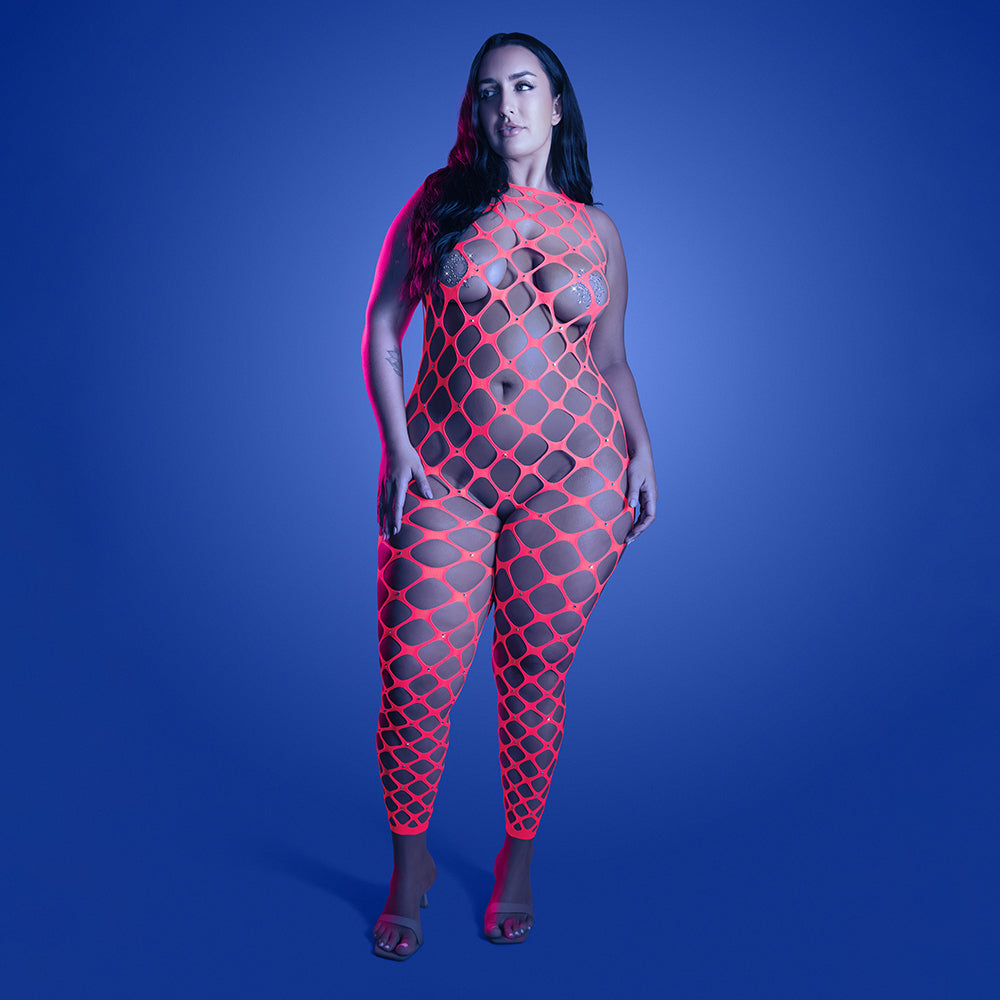 Fantasy Lingerie Glow Want It All Reversible Bodystocking & Rhinestone Pasties Queen Size
