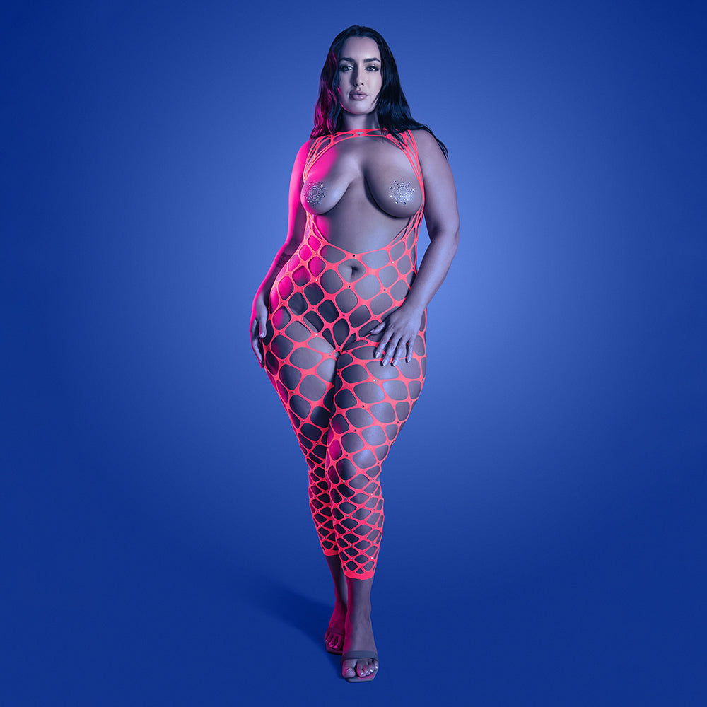 Fantasy Lingerie Glow Want It All Reversible Bodystocking & Rhinestone Pasties Queen Size