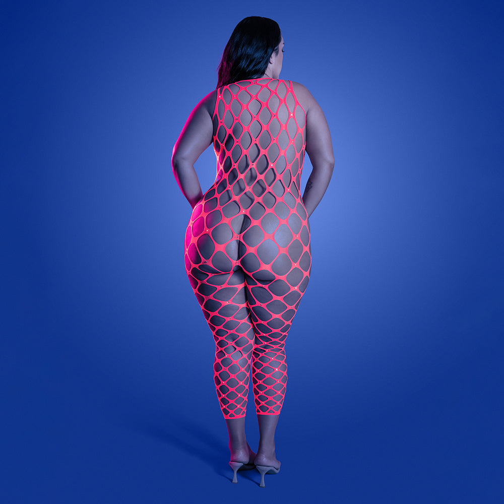Fantasy Lingerie Glow Want It All Reversible Bodystocking & Rhinestone Pasties Queen Size