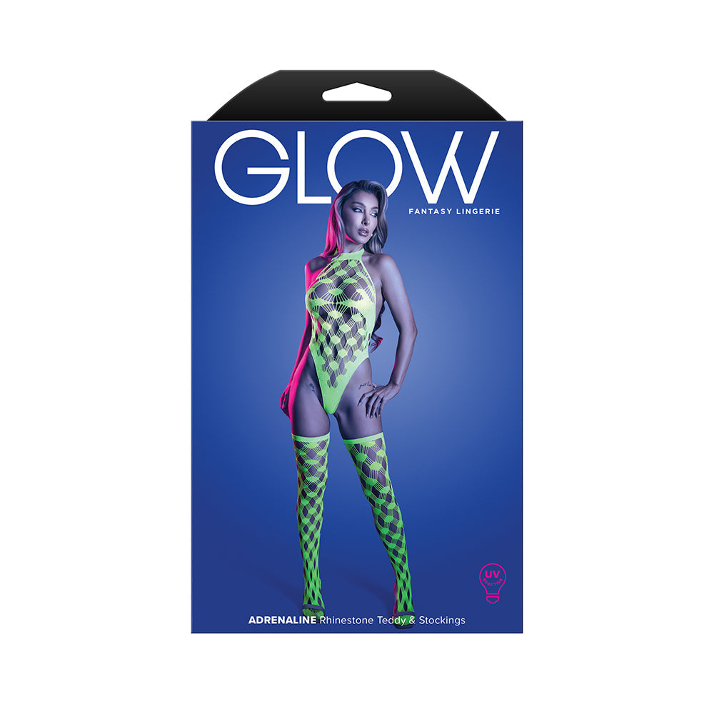 Fantasy Lingerie Glow Adrenaline Halter Teddy & Stockings in Rhinestone Fishnet O/S