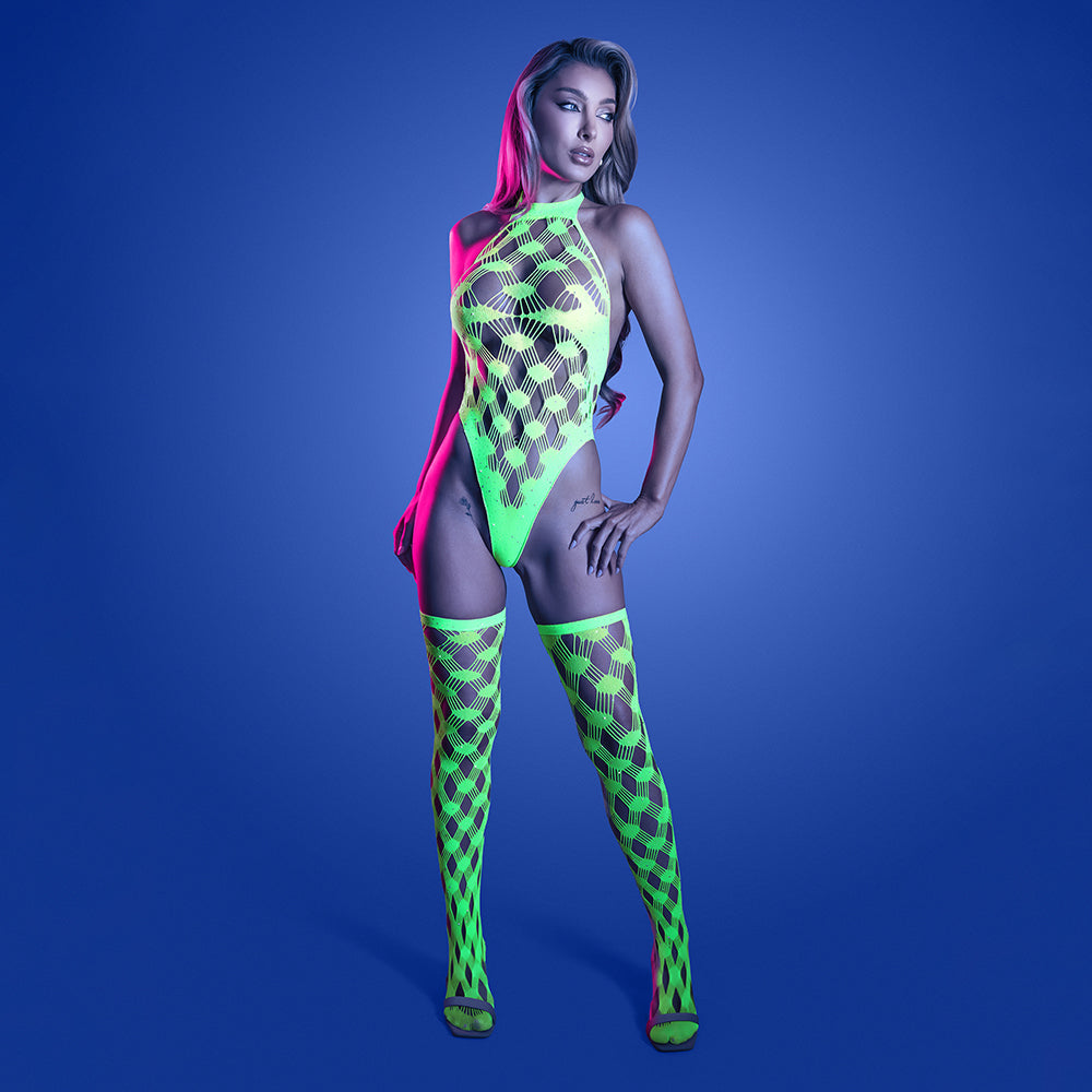Fantasy Lingerie Glow Adrenaline Halter Teddy & Stockings in Rhinestone Fishnet O/S