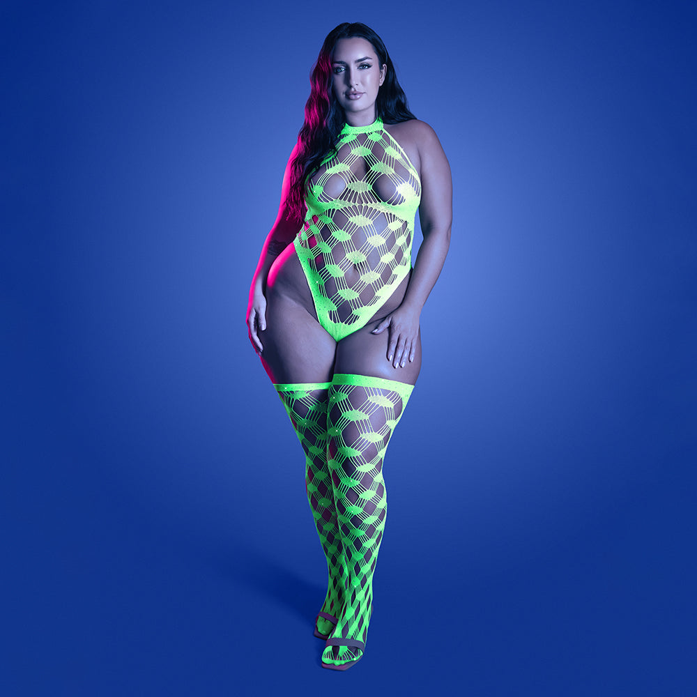 Fantasy Lingerie Glow Adrenaline Halter Teddy & Stockings in Rhinestone Fishnet Queen Size