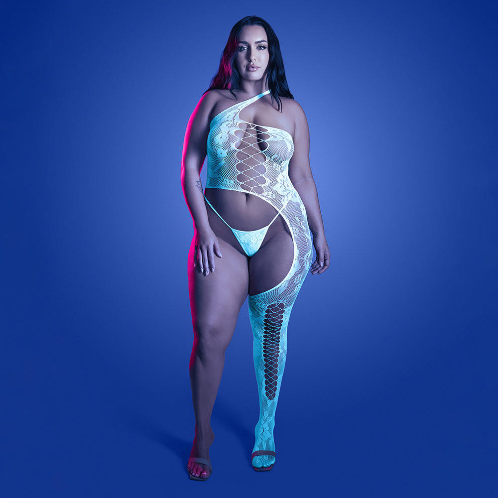 Fantasy Lingerie Glow Lights Get Low Floral Knit Asymmetrical Bodystocking & Panty Queen Size
