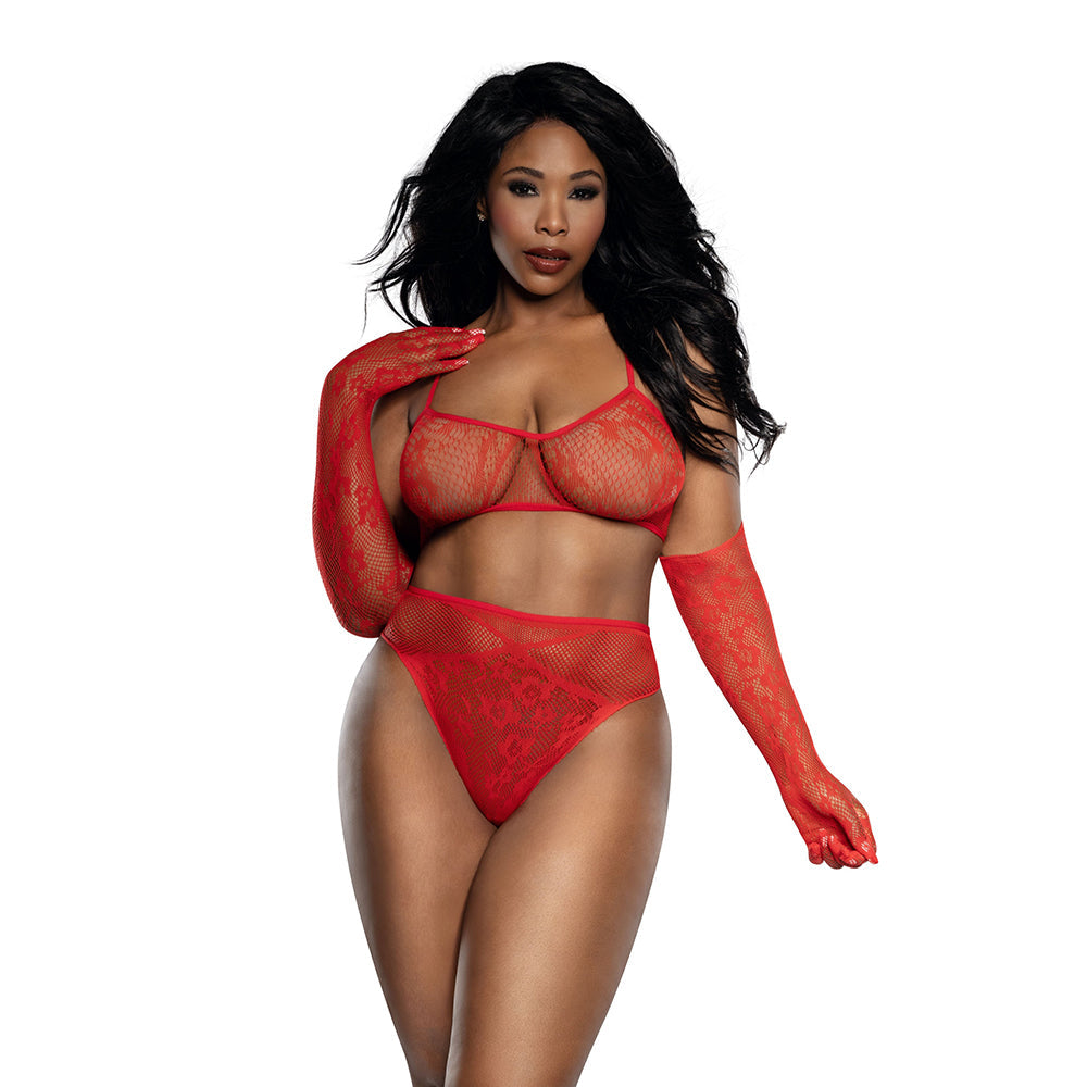 Dreamgirl Lace Seamless 3-Piece Set Red Queen Size