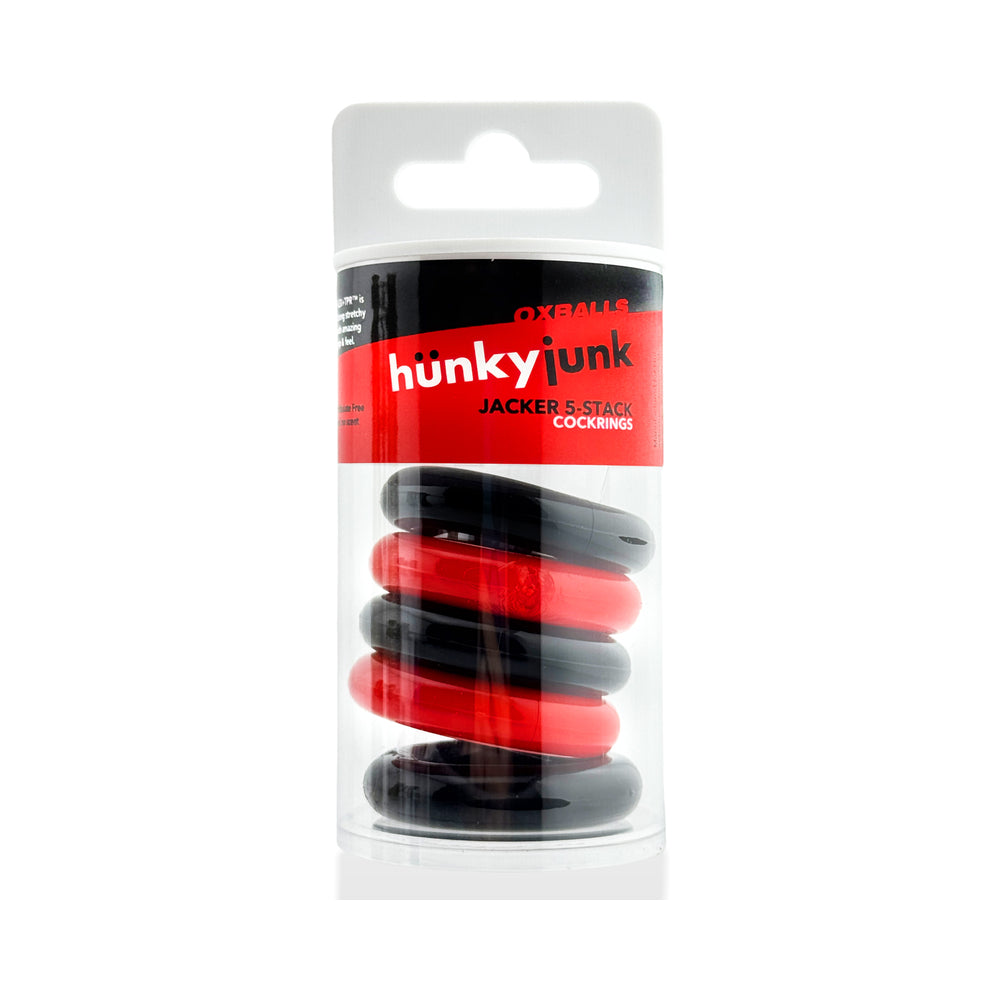 Hunkyjunk Jacker 5-Stack Five-Pack Tube Super-Strong Cockrings Red/Black